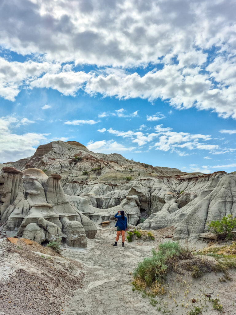 Alina looking at the coulees on Dinosaur Provincial Park's Welcome Walk trail.