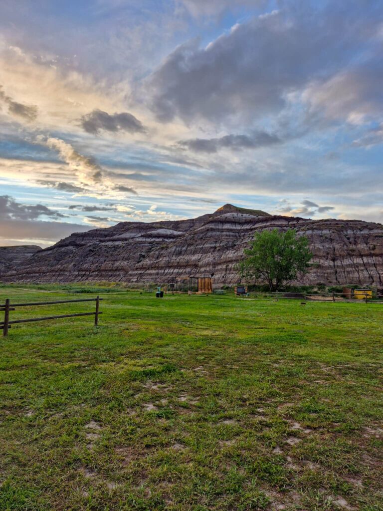 A view of the coulees from the Rainforest Getaway Geodome at Bridgeviews Drumheller. There is a vast green lawn with the coulee in the background.