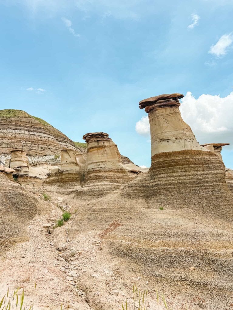 Drumheller's famous hoodoos. There are 5 visible hoodoos, some with the mushroom capped tops, and some that have eroded.