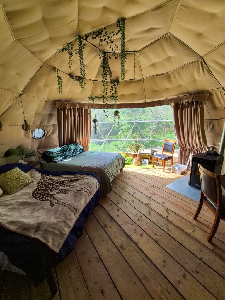 Interior view of the Rainforest Getaway Dome at Bridgeview Drumheller. You can see the two double beds, and pellet stove, and jungle decor.
