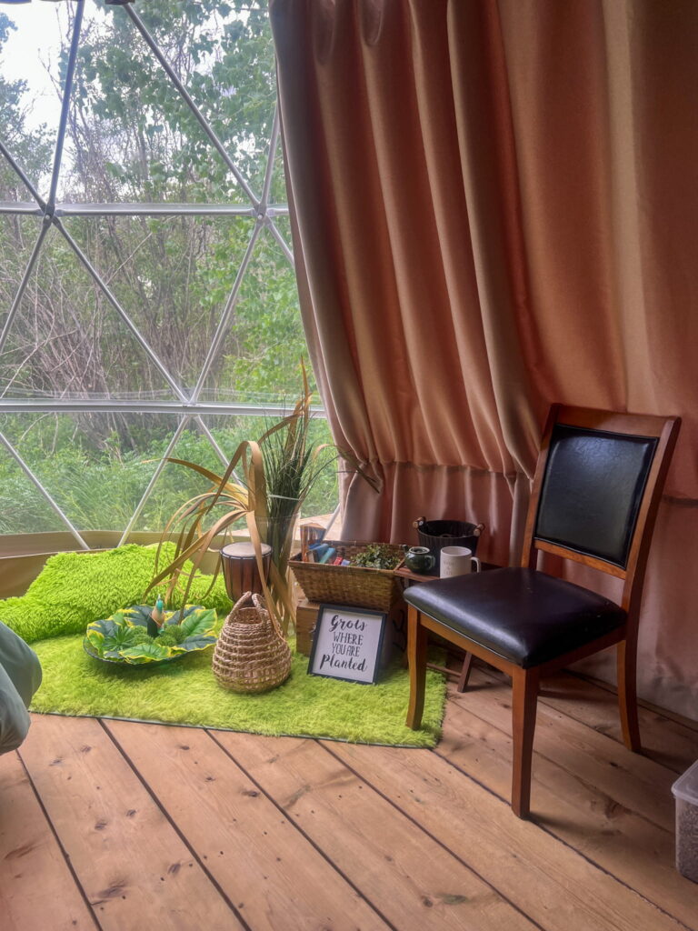 Book nook inside Rainforest Getaway Geodome. There is a black chair and some plants with a basket of books.