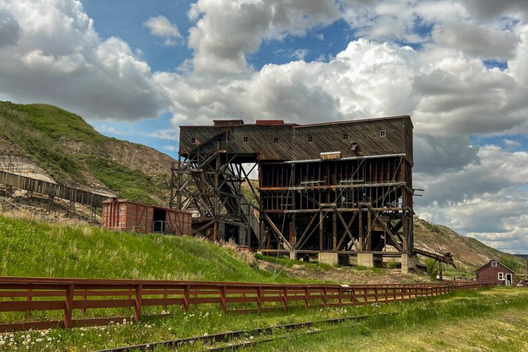 Side view of the wooden tipple, a coal sorting structure.