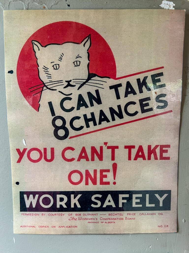 Work safety poster with a cat that says "I can take 8 chances, you can't take one! Work Safely."
