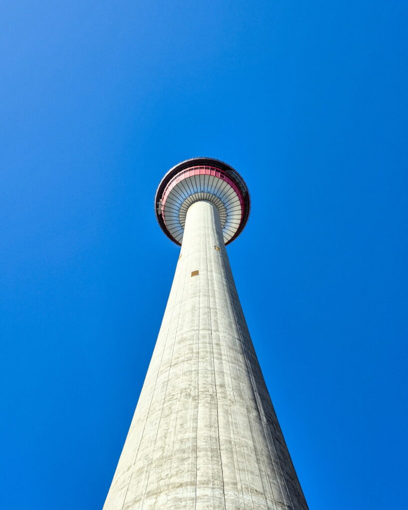 Calgary Tower as seen from the ground.
