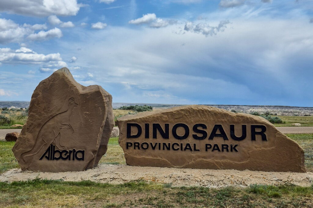 Dinosaur Provincial Park Welcome Sign. The rock to the right says "Dinosaur Provincial Park", while the rock to the left says Alberta and has an image of an Albertosaurus.