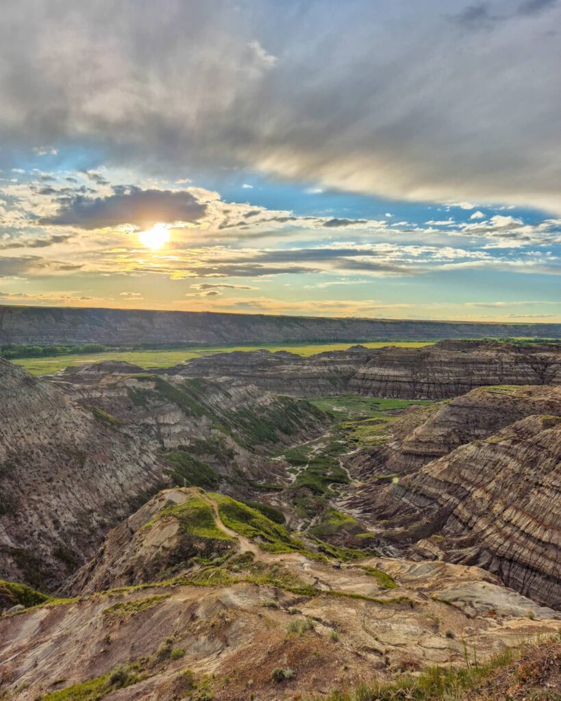 Horsethief Canyon at sunset showing beautiful badlands scenery.