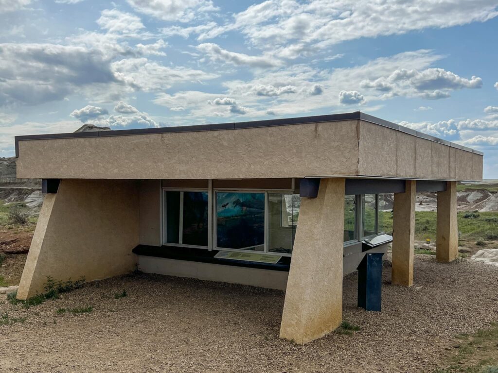 An outdoor interpretive building. There is a large structure with pillars and underneath there is glass panels enclosing fossil remains.