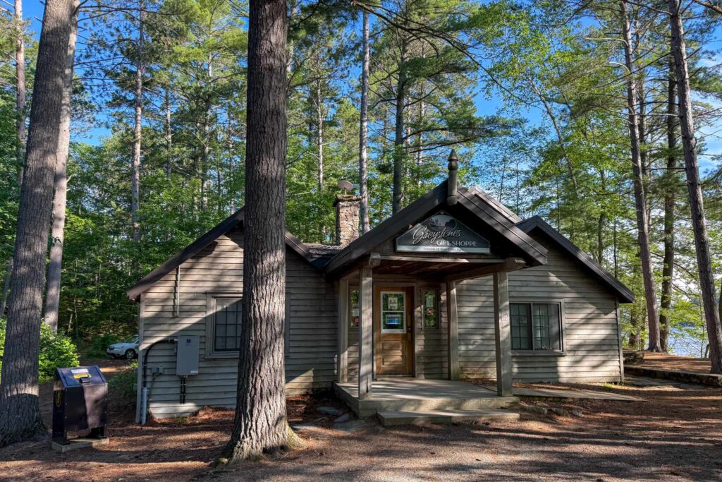 Greystone's Gift Shop, an old gray wood cabin.