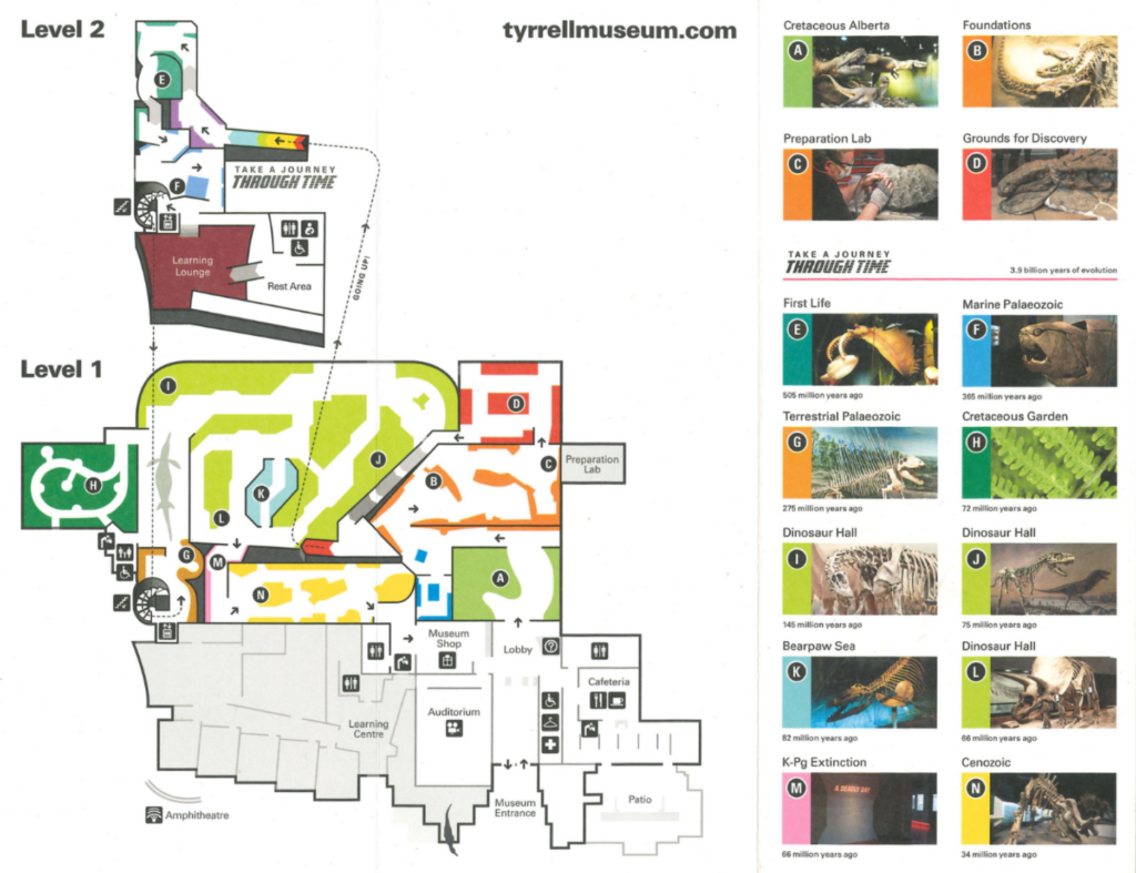 A map of the exhibit's inside the Royal Tyrrell Museum. Both floors have areas divided by colours with letters on them. To the right is a legend showing all the exhibits.