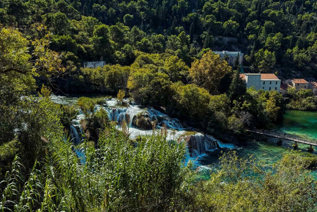 Skradinski Buk from the hike. You can see the ethnovillage behind, and the viewing bridge below to the right.
