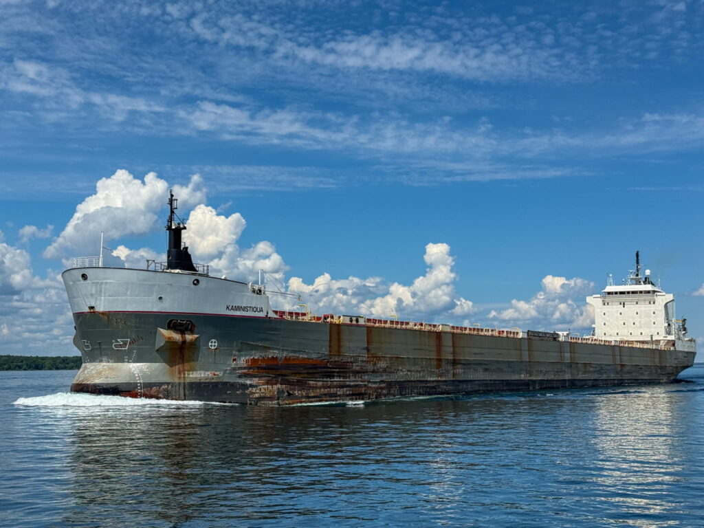 One of the large freighter ships cruising on the St. Lawrence River.