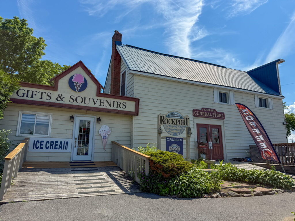 Rockport General Store, it is a yellow building with a large sign that says gifts and souvenirs
